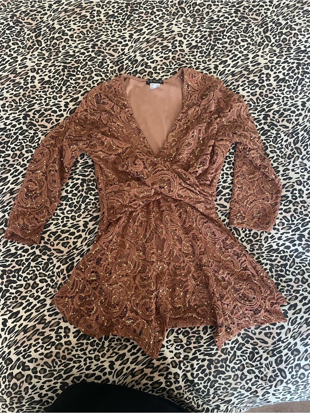VENUS Rose Gold Sequin Lace Wrap Shirt with Twist Waist